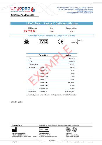 CRYOcheck™ Factor X Deficient Plasma Certificate of analysis